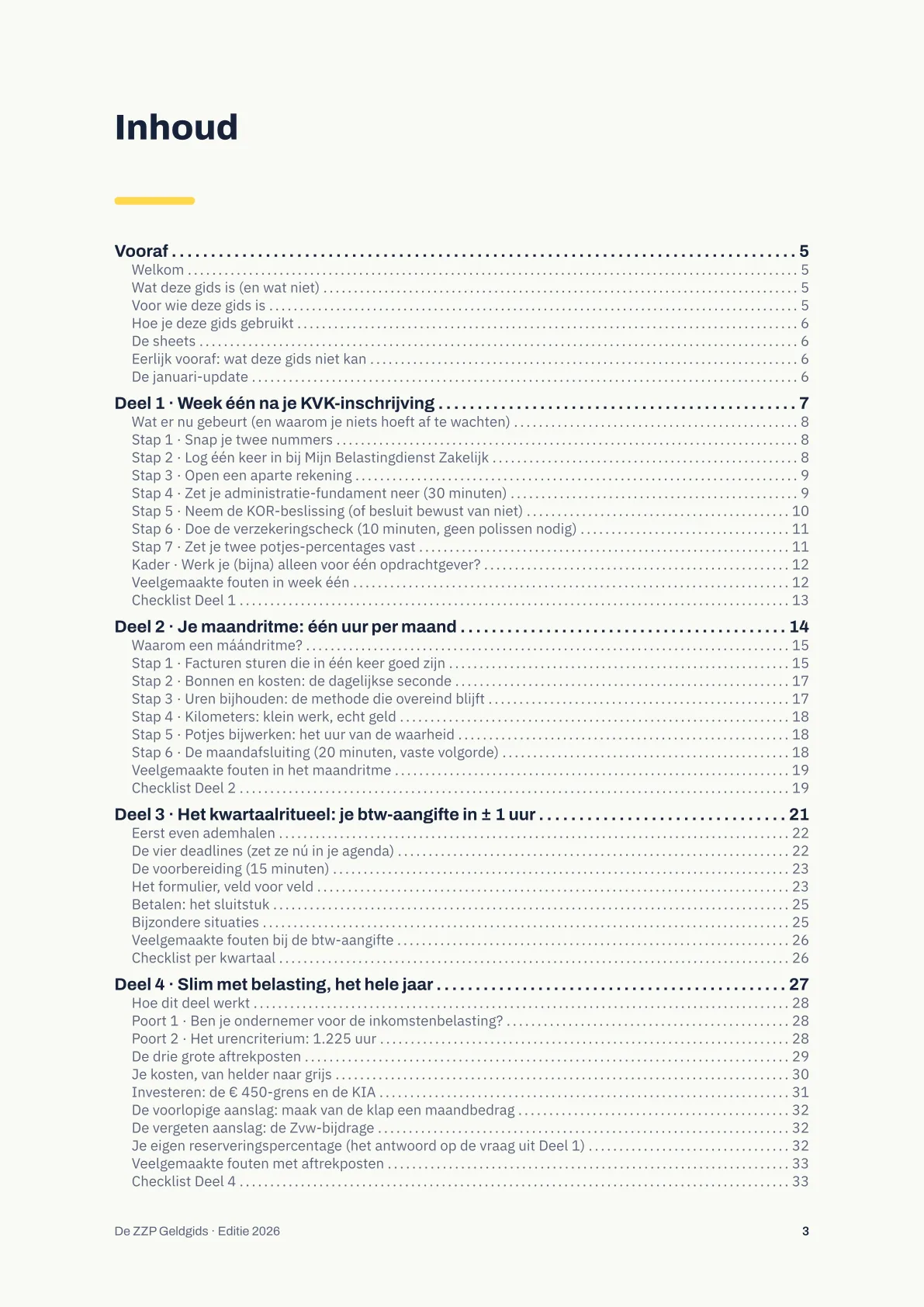 Inhoudsopgave van de gids met de vijf delen, van week één na de KVK-inschrijving tot de jaarafsluiting