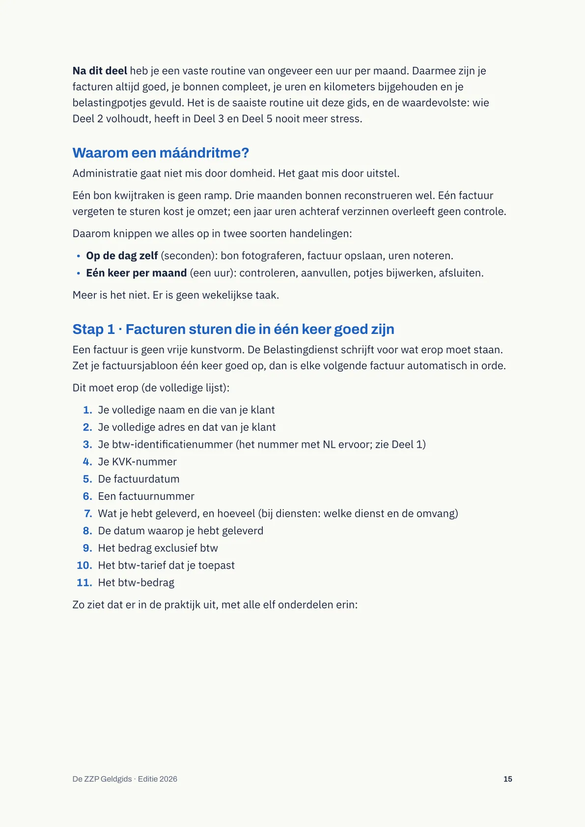 Pagina uit Deel 2 van de gids over facturen sturen, met de lijst verplichte factuuronderdelen