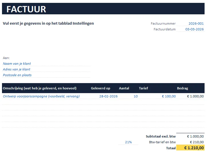 Het invulbare factuursjabloon uit het Spreadsheet Pack